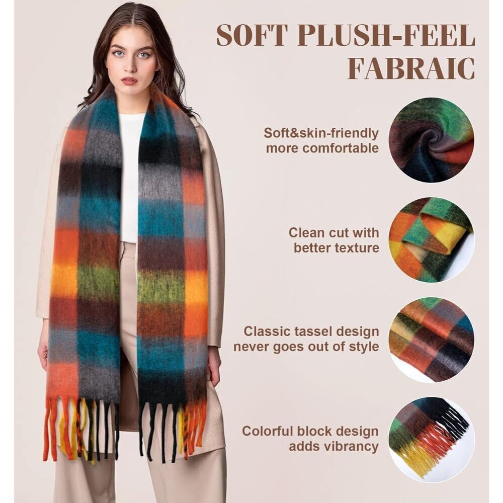 Women's Oversized Plaid Blanket Scarf Chunky Warm Shawl Wrap 80 characters - Picture 2 of 6